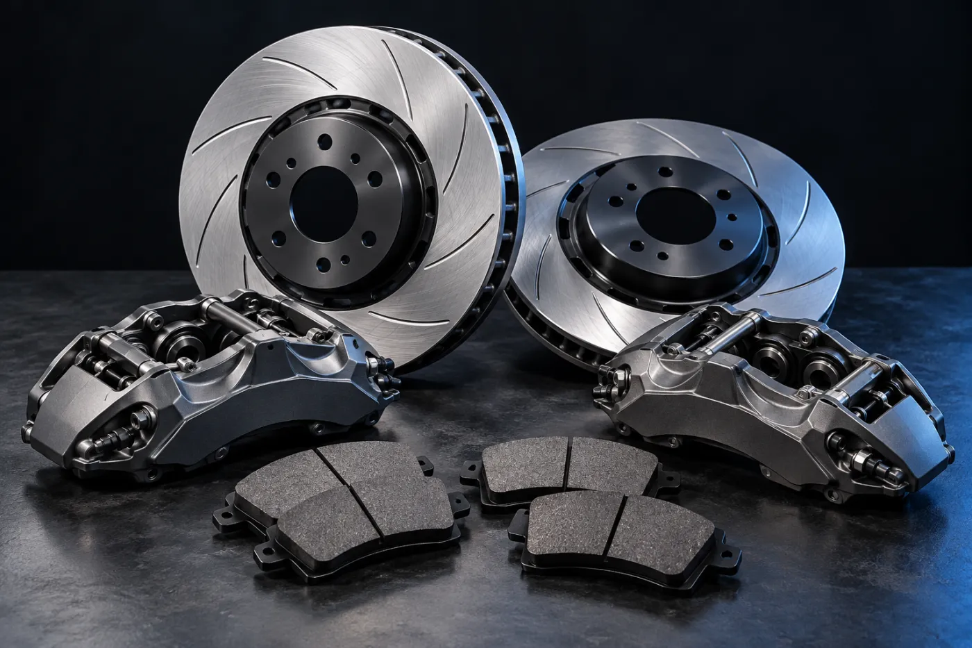 Illustrative performance brake discs, calipers and pads