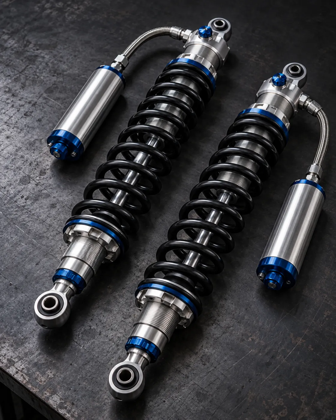 Illustrative rally coilover suspension with remote reservoirs