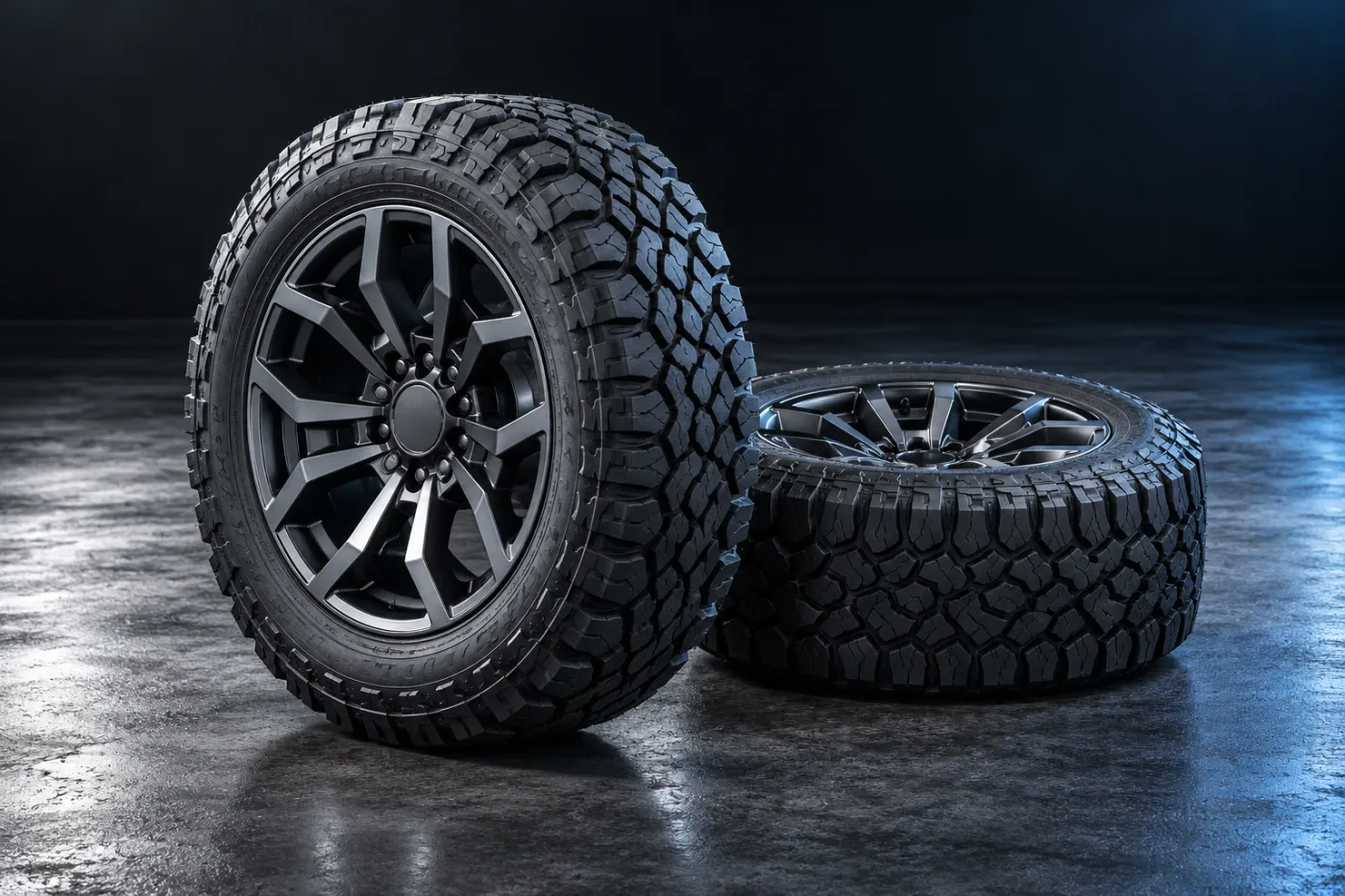 Illustrative alloy wheels fitted with all-terrain tyres